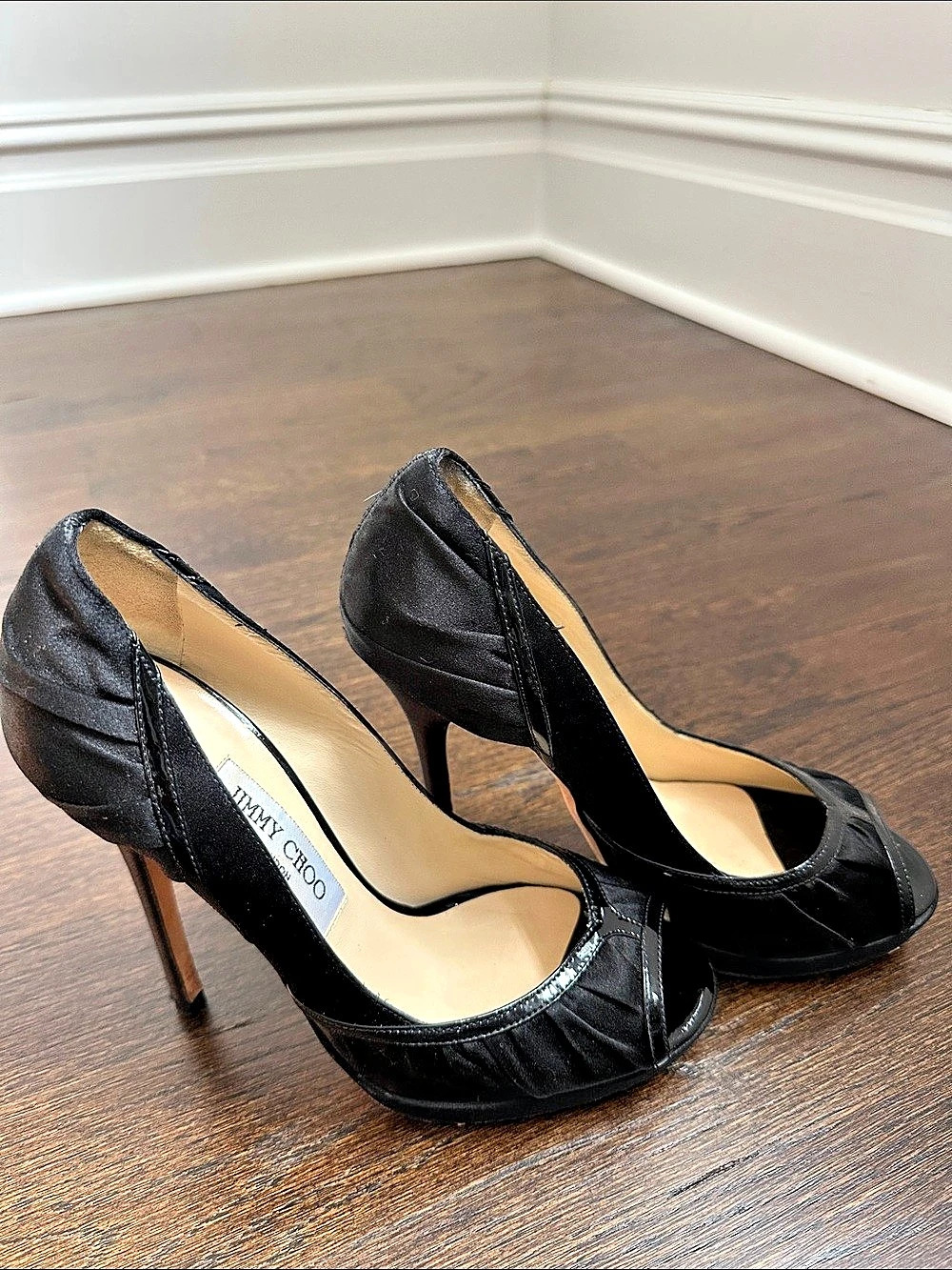 Jimmy Choo Pleated Satin Peep Toe Platform Pumps Black